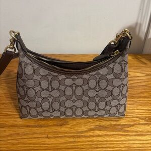 Coach Brown Signature Canvas Shoulder Bag with Gold Hardware